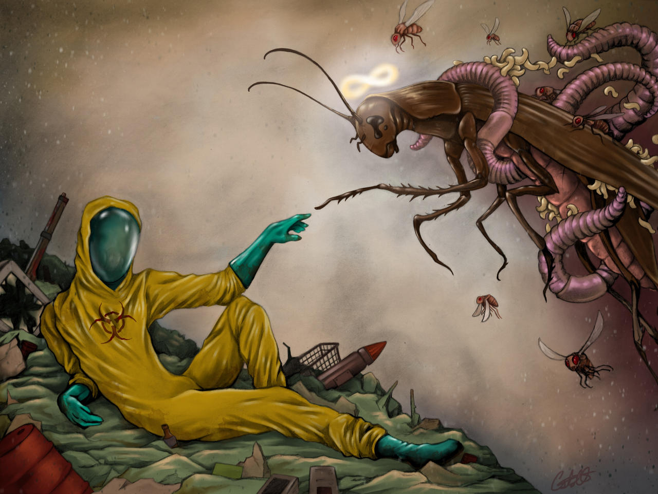 2014 ambiguous_gender antennae_(anatomy) arthropod barrel blattodea christopher-stoll clothing cockroach detailed_background dipteran feral floating flying gloves group gun halo handwear hazard_symbol hazmat_suit humanoid insect insect_wings inspired_by_formal_art larva maggot missile outside ranged_weapon reclining signature the_creation_of_adam trash weapon wings worm