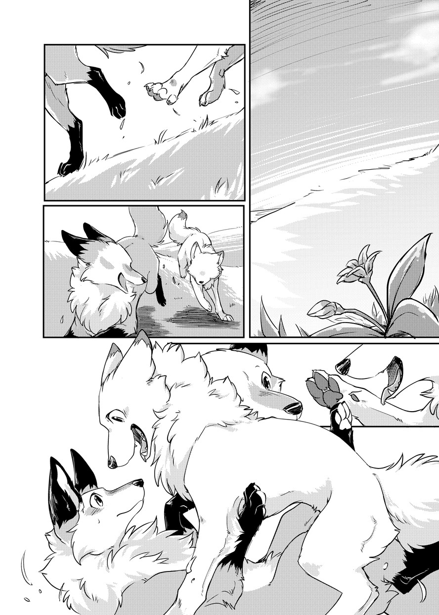 all_fours blush canid canine canis comic domestic_dog duo eye_contact fangs female_(lore) feral flower fox fur greyscale hi_res looking_at_another looking_down lying mammal monochrome on_back on_top outside paws pinned plant simple_background smile teeth tsukune_minaga