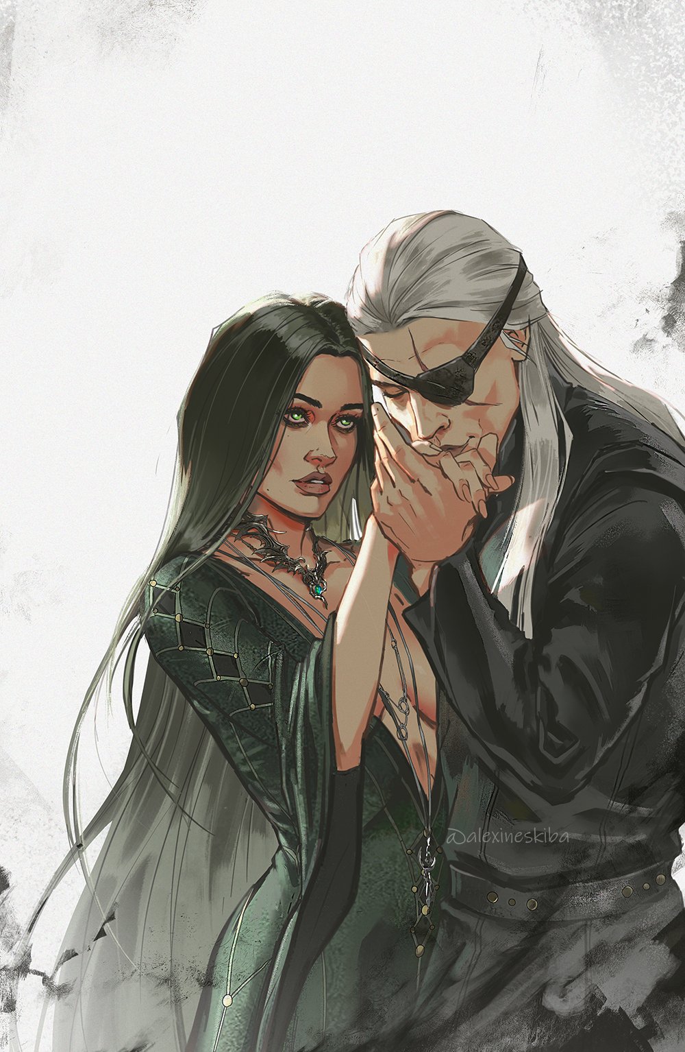 1boy 1girl a_song_of_ice_and_fire aemond_targaryen alexineskiba alys_rivers belt black_hair black_jacket breasts cleavage closed_eyes commentary couple dress english_commentary eyepatch green_dress green_eyes hetero highres house_of_the_dragon jacket jewelry kiss kissing_hand lips long_hair long_sleeves looking_at_another necklace scar scar_on_face smile twitter_username upper_body white_background white_hair wide_sleeves