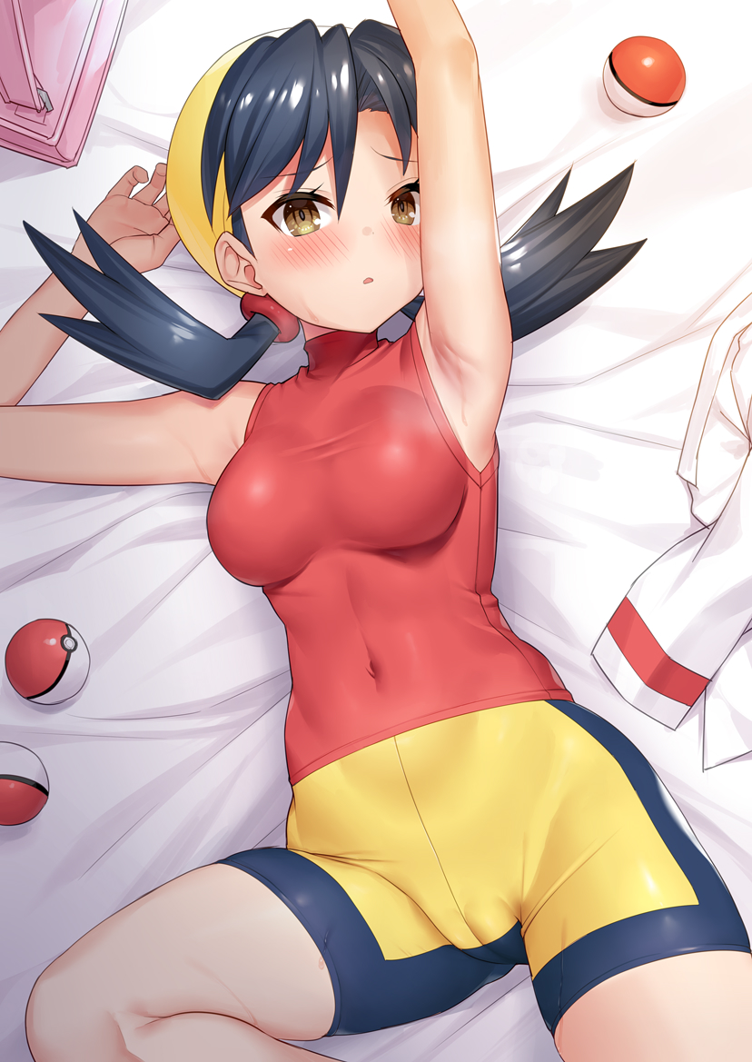 1girl armpits arms_up bike_shorts black_hair blush breasts brown_eyes cameltoe commission covered_navel hair_between_eyes kris_(pokemon) looking_at_viewer lying medium_breasts on_back poke_ball pokemon pokemon_adventures red_shirt shirt skeb_commission sleeveless taut_clothes taut_shirt tight torimaru turtleneck twintails