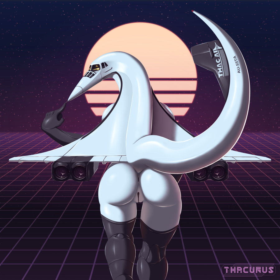 80's_theme aircraft aircraft_humanoid airplane anthro anus boop butt concorde_(aircraft) female fin genitals living_aircraft living_machine living_vehicle looking_at_viewer looking_back machine nose_boop not_furry presenting presenting_hindquarters pussy raised_tail solo tail tail_fin thacurus vehicle visor white_body wings