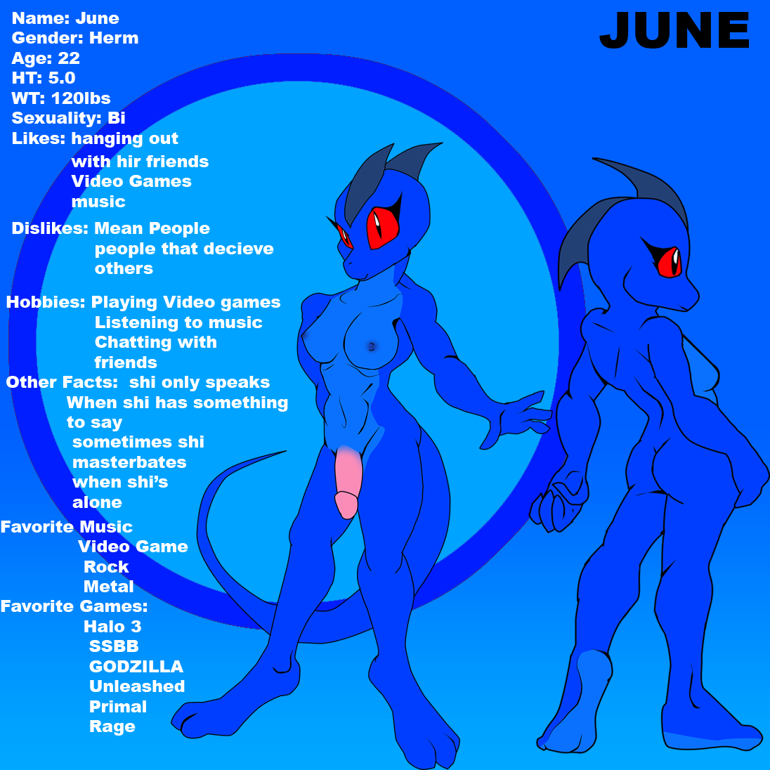 2010 anthro areola blue_areola blue_background blue_body blue_nipples blue_scales blue_skin breasts butt character_description english_text genitals gradient_background grey_scutes herm intersex june_(justathereptile) justathereptile komodo_dragon lizard looking_at_viewer model_sheet monitor_lizard nipples non-mammal_breasts nude nude_anthro nude_herm nude_intersex penis pink_penis pose red_eyes reptile scales scalie simple_background smile solo tail text white_text_border