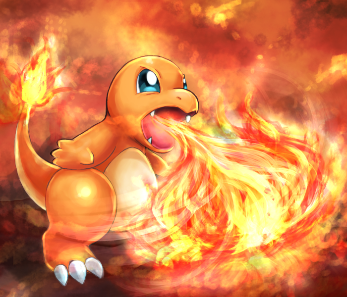 blue_eyes breathing_fire charmander claws commentary fire flame full_body legs_apart ninjya_palette no_humans open_mouth pokemon pokemon_(creature) sharp_teeth solo standing teeth