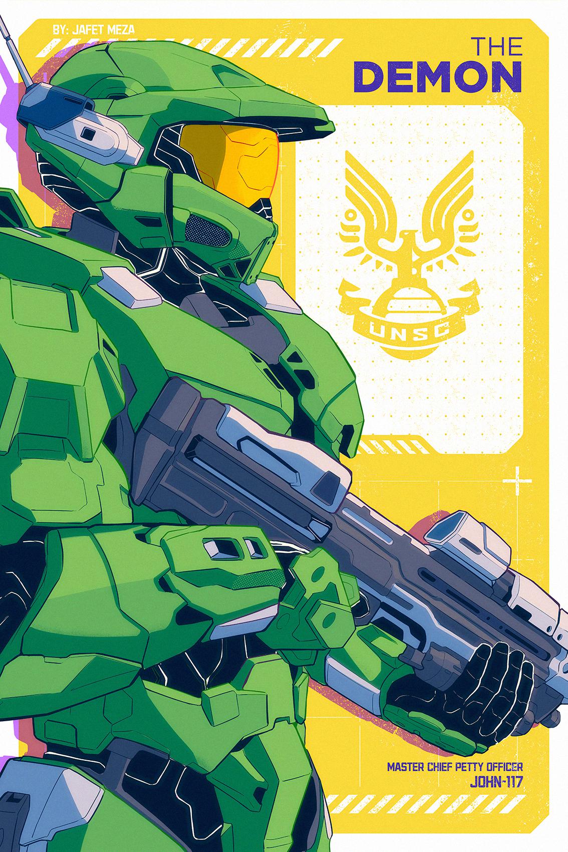 1boy armor artist_name character_name commentary emblem english_commentary full_armor gun halo_(series) halo_infinite helmet highres holding holding_gun holding_weapon jafet_meza male_focus master_chief solo upper_body weapon