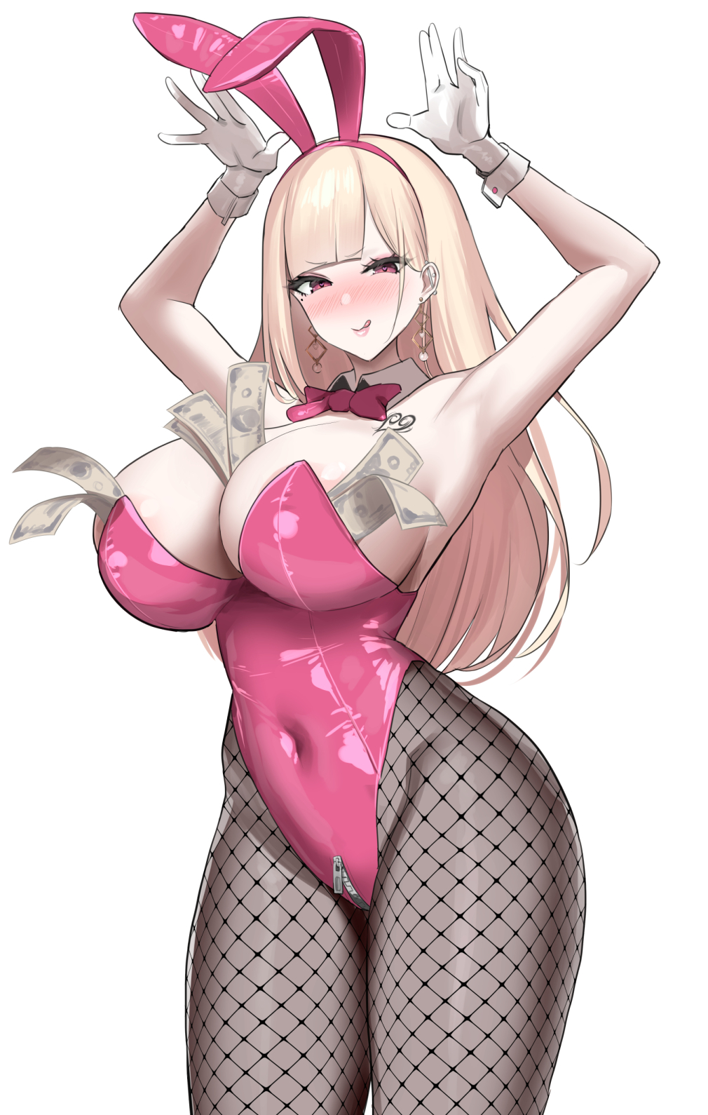 1girl :q animal_ears armpits bangs between_breasts blonde_hair blunt_bangs blush bow bowtie breasts closed_mouth covered_navel cowboy_shot crotch_zipper detached_collar ear_piercing earrings fake_animal_ears fishnet_pantyhose fishnets gloves hairband highleg highleg_leotard highres jewelry large_breasts leotard lips looking_at_viewer money nakamura_misaki nanae original pantyhose piercing pink_bow pink_bowtie pink_eyes pink_hairband pink_leotard playboy_bunny rabbit_ears simple_background sleeveless smile thighs tongue tongue_out white_background white_gloves zipper
