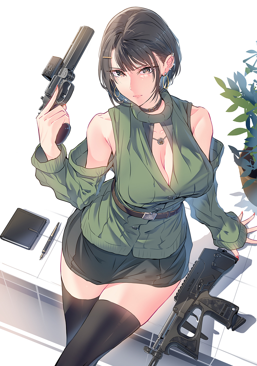 1girl bangs bare_shoulders belt belt_buckle black_choker black_hair black_thighhighs book breasts brown_belt buckle cardigan choker cleavage cleavage_cutout closed_mouth clothing_cutout collarbone commentary daito ear_piercing earrings english_commentary fingernails folding_stock green_cardigan gun hair_ornament hairclip handgun highres holding holding_gun holding_weapon jewelry large_breasts long_fingernails long_sleeves looking_at_viewer mixed-language_commentary nail_polish necklace notebook optical_sight original pen piercing plant potted_plant pp-2000 red_nails revolver russian_text short_hair sitting submachine_gun thighhighs weapon weapon_name weapon_request