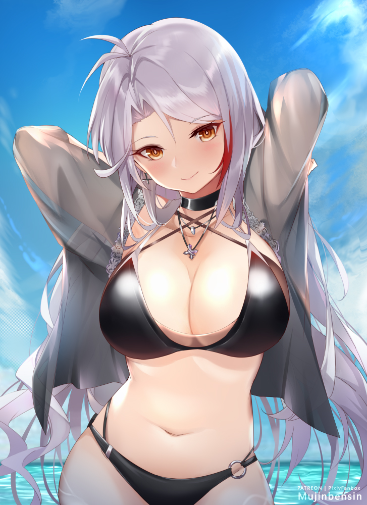 1girl alternate_hairstyle antenna_hair arms_behind_head azur_lane bangs bikini black_bikini black_choker blush breasts brown_eyes choker cleavage collarbone commentary_request criss-cross_halter cross cross_earrings cross_necklace day earrings hair_between_eyes hair_down halterneck head_tilt iron_cross jacket jewelry large_breasts long_hair looking_at_viewer mujinbensin multicolored_hair navel necklace o-ring o-ring_bikini o-ring_bottom open_clothes open_jacket outdoors patreon_username prinz_eugen_(azur_lane) red_hair revision smile solo stomach streaked_hair swept_bangs swimsuit very_long_hair white_hair