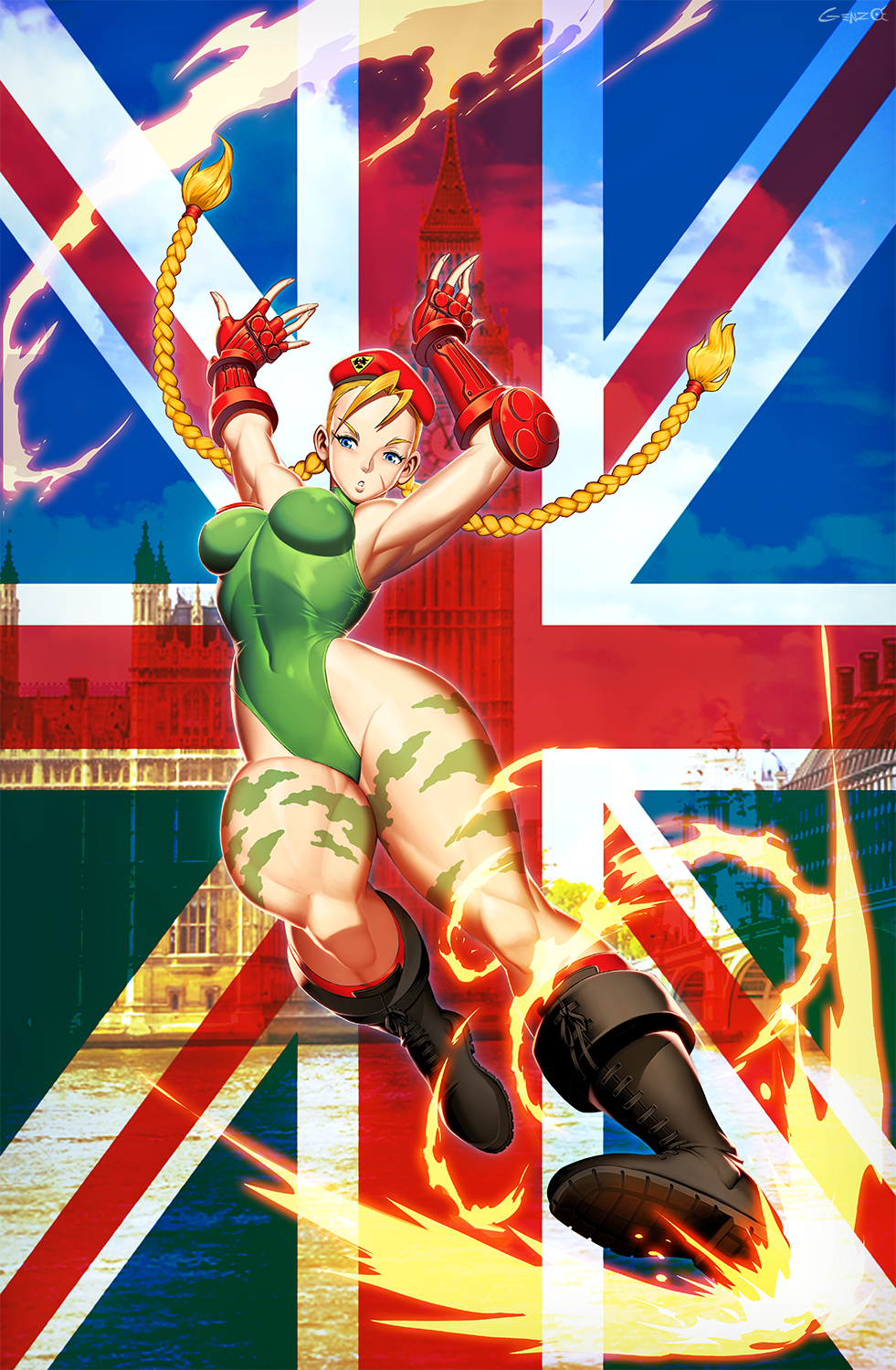 1girl antenna_hair armpits artist_name bare_hips bare_legs bare_shoulders beret black_footwear blonde_hair blue_eyes boots braid breasts building cammy_white camouflage covered_navel elizabeth_tower england fingerless_gloves full_body genzoman gloves green_leotard hat highres leotard lips medium_breasts muscular muscular_female navel red_gloves scar scar_on_cheek scar_on_face solo street_fighter street_fighter_ii_(series) thighs twin_braids union_jack