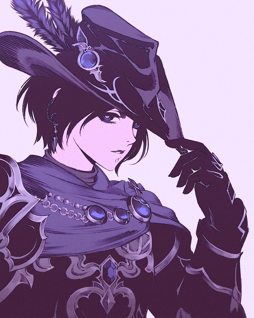 1girl androgynous armor brooch cape ear_piercing earrings expressionless final_fantasy final_fantasy_xiv from_side gem gloves hand_on_headwear hand_up hat hat_feather hat_ornament high_contrast jewelry looking_at_viewer moshimoshibe parted_lips pauldrons piercing pink_background purple_cape purple_eyes purple_gemstone purple_gloves purple_hair purple_headwear purple_theme reverse_trap short_hair shoulder_armor simple_background single_pauldron solo tricorne upper_body zero_(ff14)