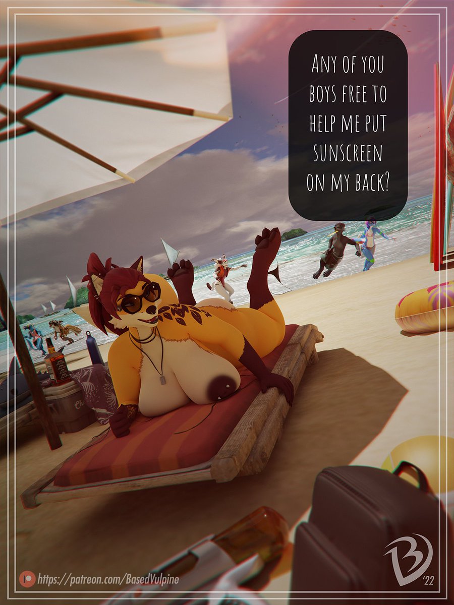 2022 3d_(artwork) alcohol alternate_version_at_source anthro background_character basedvulpine basedvulpine_(character) beach beverage big_breasts bottomwear breasts canid canine canis clothing cloud countershade_torso countershading dated dialogue digital_media_(artwork) domestic_dog eyewear fangs female female_focus fish fox frisbee fur girly goon_(goonie_san) hair hi_res icarus_skyhawk jewelry luggage lying male mammal marine multicolored_body multicolored_fur necklace nipple_piercing nipples nude on_front open_mouth patreon pawpads paws piercing red_hair sand seaside shadow shark shorts solo_focus sparkledog speech_bubble sunglasses swimming_trunks swimwear teeth text url water waterside