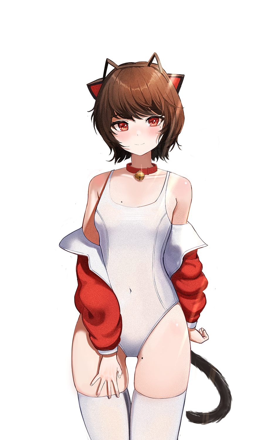 1girl animal_ears bare_shoulders bell blush brown_hair brown_hairband cat_ears cat_tail closed_mouth collar collarbone commission competition_school_swimsuit covered_navel cowboy_shot fake_animal_ears flat_chest hairband highres jacket jingle_bell long_sleeves looking_at_viewer mole mole_on_thigh mole_under_eye moth1 neck_bell one-piece_swimsuit open_clothes open_jacket original red_eyes red_jacket school_swimsuit shirt short_hair simple_background smile solo swimsuit tail thigh_gap thighhighs white_one-piece_swimsuit white_shirt white_thighhighs