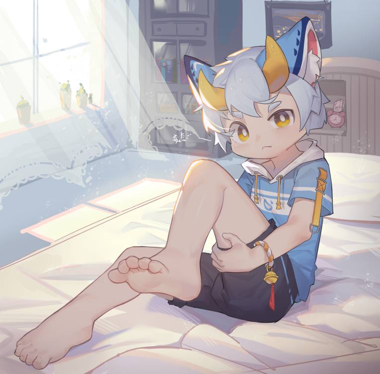 anthro barefoot bed black_bottomwear black_clothing black_shorts blue_clothing blue_ears blue_topwear bottomwear clothed clothing emolga_1 feet full-length_portrait furniture hair horn humanoid inner_ear_fluff inside looking_at_viewer male messy_hair mouth_closed on_bed portrait pupils red_inner_ear short_hair shorts sitting solo tan_body tan_skin topwear tuft unsigned white_hair white_inner_ear_fluff white_pupils window yellow_eyes yellow_horn young