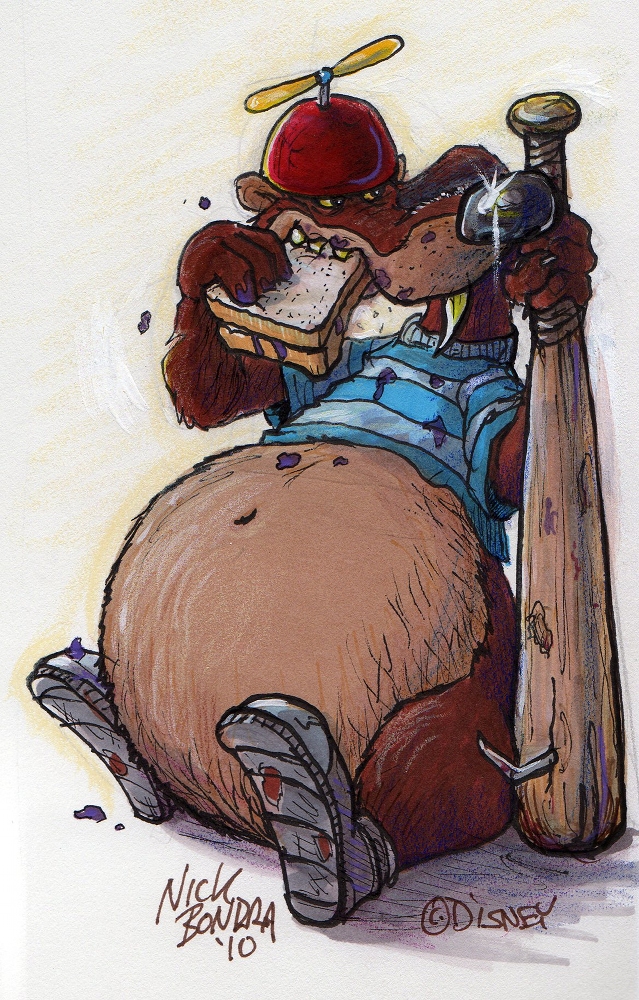 2010 anthro baseball_bat bat_(object) belly big_belly brown_body brown_fur claws clothing disney eating food footwear fur hat headgear headwear male mammal messy mustelid musteline nail navel nick_bondra overweight phraggle propeller_hat sandwich_(food) shirt shoes signature sitting snaggle_tooth solo stupid_(character) toon_patrol topwear traditional_media_(artwork) true_musteline weasel who_framed_roger_rabbit yellow_sclera yellow_teeth