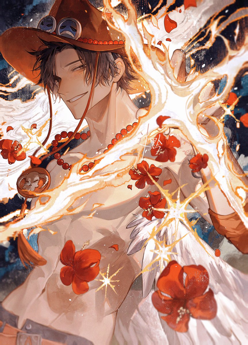 1boy cowboy_shot fire flower from_below hat highres looking_at_viewer male_focus one_piece portgas_d._ace red_flower short_hair smile solo sqloveraven toned toned_male
