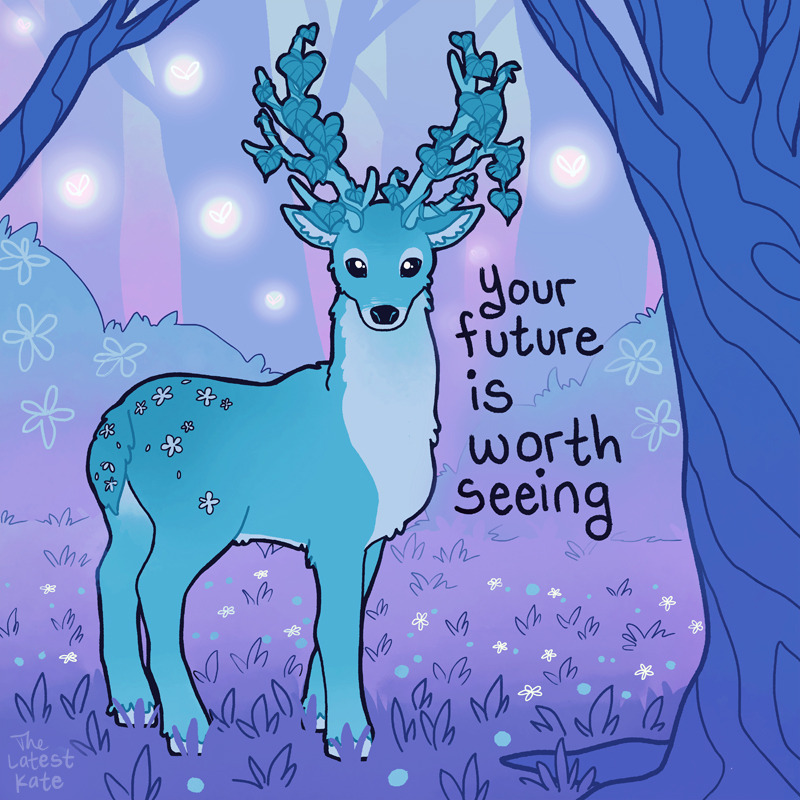 alternate_color animal_focus artist_name bug bush deer english_text firefly flower grass looking_at_viewer no_humans original outdoors purple_theme signature thelatestkate tree