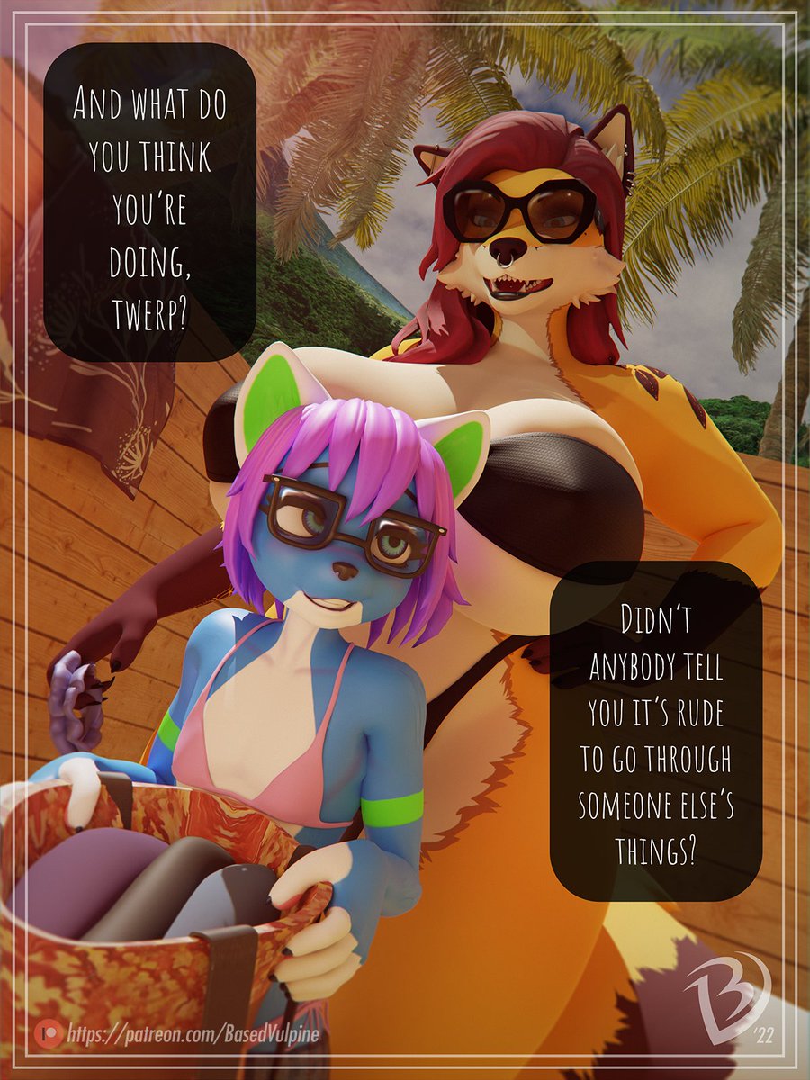 2022 3d_(artwork) anthro basedvulpine big_breasts bikini black_bikini black_bikini_bottom black_bikini_top black_clothing black_swimwear blue_eyes breasts bridge_piercing canid canine claws clothing cloud dialogue digital_media_(artwork) duo ear_piercing eyewear facial_piercing female fox fur girly grin hair hi_res icarus_skyhawk imminent_sex inner_ear_fluff larger_female lens_flare male male/female mammal multicolored_body multicolored_fur nose_piercing nose_ring open_mouth palm_tree patreon piercing pink_bikini pink_bikini_bottom pink_clothing pink_swimwear plant purple_hair red_hair ring_piercing size_difference smaller_male smile sparkledog speech_bubble sunglasses swimwear tree tuft