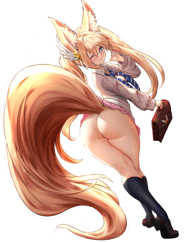 1girl animal_ear_fluff animal_ears ass black_socks blonde_hair blue_eyes braco brown_skirt brown_sweater commentary commission elin english_commentary feathers fox_ears fox_girl from_side full_body hair_ornament hugging_own_tail kneehighs knees_up large_tail long_hair no_panties one_eye_closed open_mouth plushmallow_(elin) ponytail school_uniform shirt simple_background skirt socks solo sweater tail tail_hug tera_online thighs white_background white_shirt