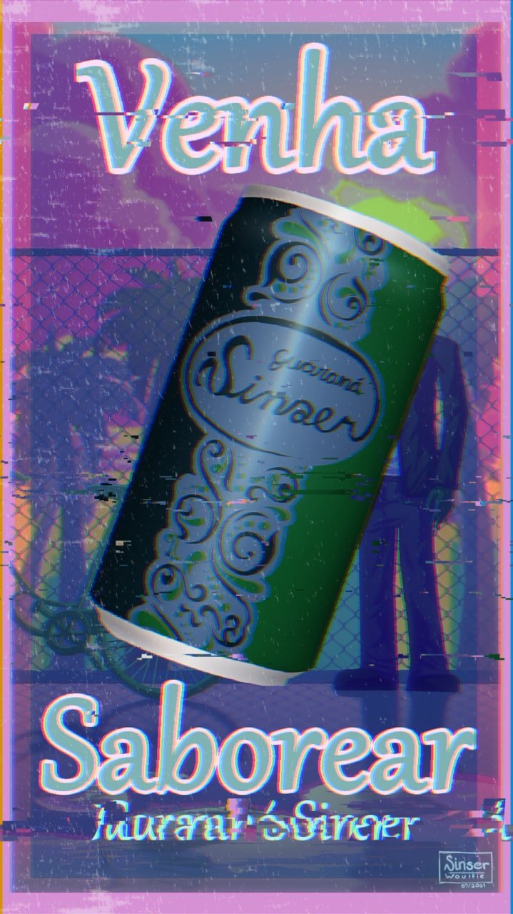 anthro beverage beverage_can bicycle blue_body blue_fur building can canid canine canis clothed clothing cloud container digital_drawing_(artwork) digital_media_(artwork) effect_details effects fur glitch green_body green_fur hi_res light male mammal open_clothing open_shirt open_topwear palm_tree pink_clouds plant portuguese_text puddle shirt sinser sinser_(character) soda solo standing sun sunlight sunset text topwear tree vaporwave wolf