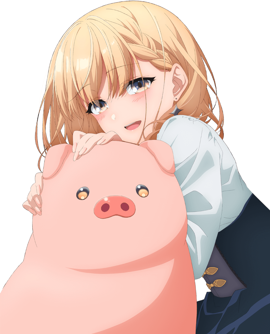 1girl 1other :d blonde_hair blush braid buta_no_liver_wa_kanetsu_shiro ear_piercing earrings fingernails grey_eyes jess_(buta_no_liver_wa_kanetsu_shiro) jewelry key_visual long_hair looking_at_viewer official_art open_mouth piercing pig pig_(buta_no_liver_wa_kanetsu_shiro) promotional_art smile transparent_background upper_body