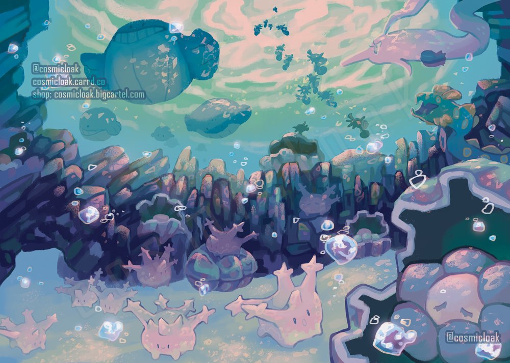:o air_bubble black_eyes bubble clamperl closed_mouth commentary corsola cosmicloak eyelashes gorebyss horsea huntail looking_down looking_up no_humans open_mouth pokemon pokemon_(creature) seadra smile twitter_username underwater wailmer watermark web_address