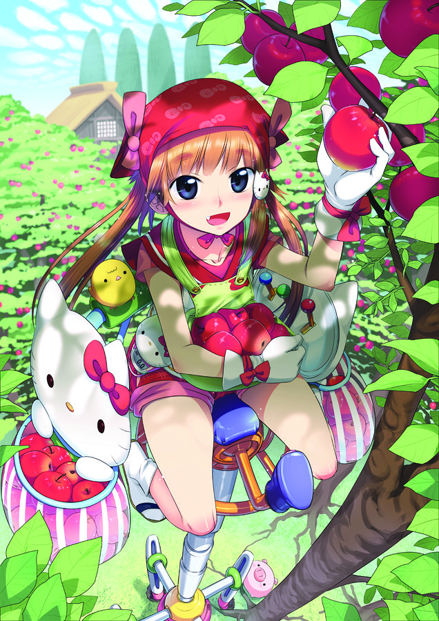 1girl apple apple_tree apron bird black_eyes blue_sky blush chick cloud food fruit gloves grass green_apron hat hello_kitty hello_kitty_to_issho! house koume_keito leaf long_hair looking_up open_mouth open_smile orange_hair picking_fruit pig red_headwear red_shorts roots sandals shorts sitting sky smile socks tree white_gloves white_socks yamamura_karina