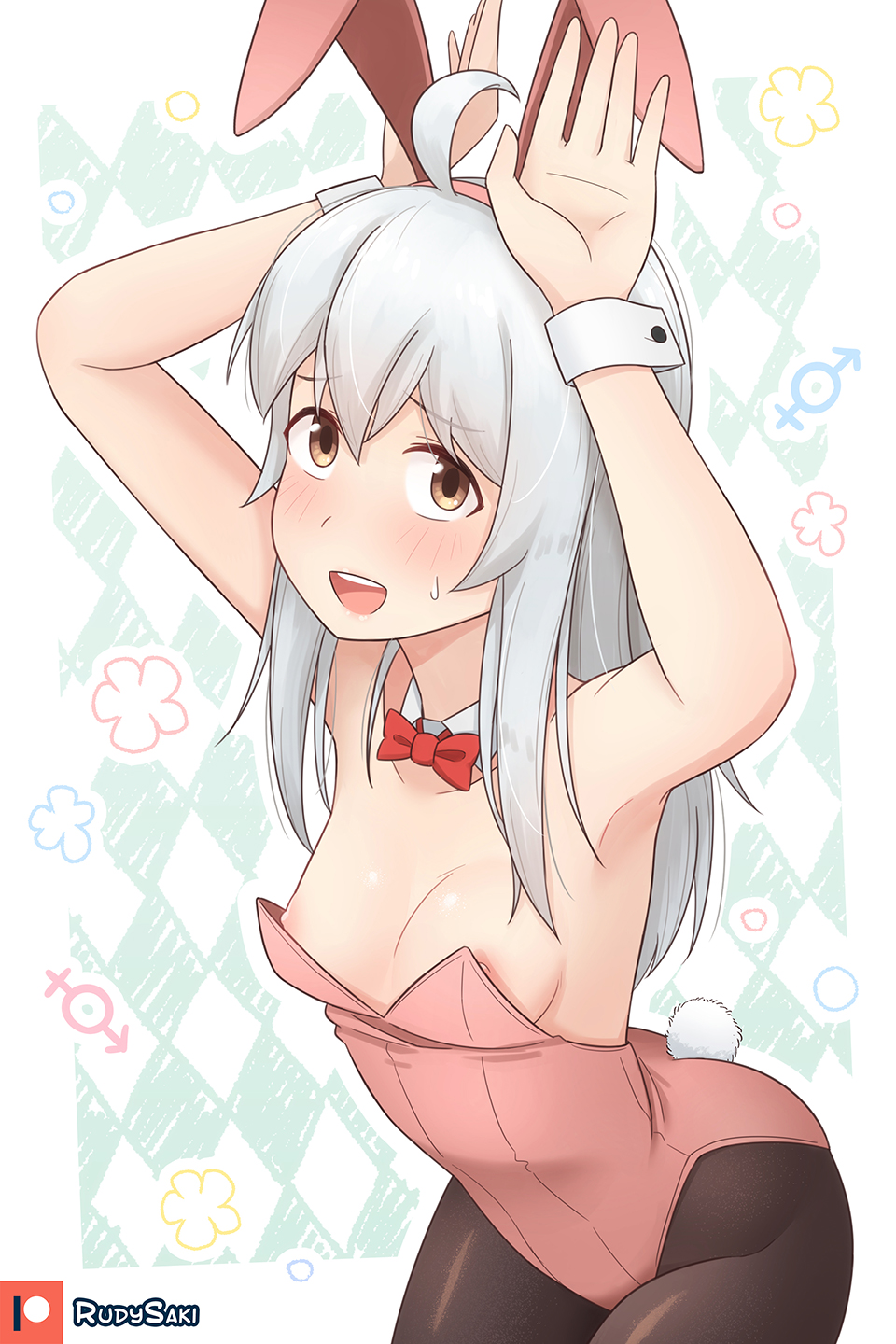1girl :d ahoge animal_ears argyle argyle_background armpits arms_up artist_name bangs bare_arms bare_shoulders black_pantyhose blush bow bowtie breasts brown_hair bunny_pose collarbone commentary detached_collar fake_animal_ears hair_between_eyes hairband highres leotard long_hair looking_at_viewer male-female_symbol nipple_slip nipples onii-chan_wa_oshimai! open_mouth oyama_mahiro pantyhose pink_hairband pink_leotard playboy_bunny rabbit_ears rabbit_tail red_bow red_bowtie rudy_saki simple_background small_breasts smile solo sweatdrop tail white_hair wrist_cuffs