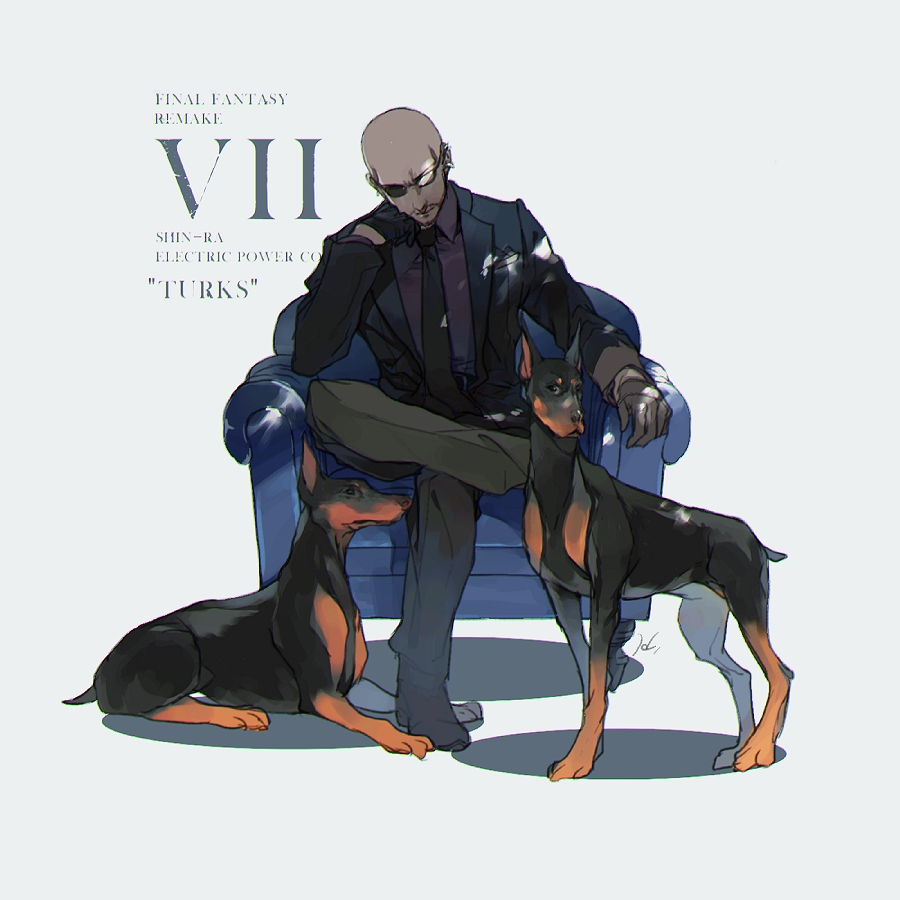 1boy bald black_footwear black_gloves black_jacket black_necktie black_pants black_shirt black_suit collared_shirt crossed_legs doberman earrings facial_hair final_fantasy final_fantasy_vii final_fantasy_vii_remake formal full_body gloves goatee grey_background head_on_hand jacket jewelry long_sleeves male_focus multiple_dogs multiple_earrings necktie pants rude_(ff7) shirt sitting suit suit_jacket sunglasses unedliche