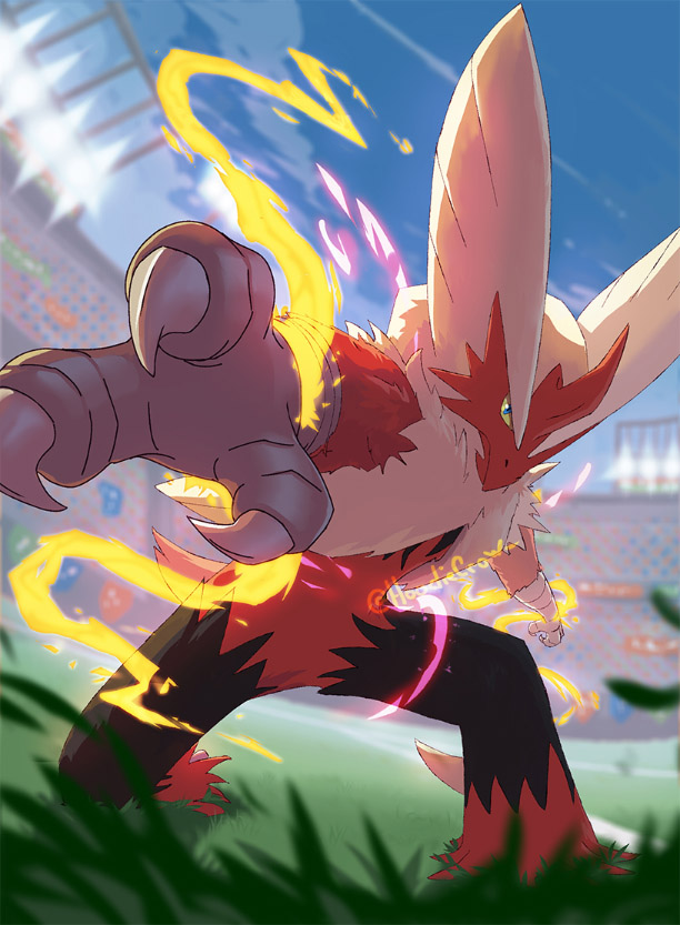 1other blaziken blurry claws closed_mouth cloud commentary day fire furry grass hoodiecrow looking_at_viewer mega_blaziken mega_pokemon one_knee outdoors pokemon pokemon_(creature) sky solo stadium twitter_username watermark