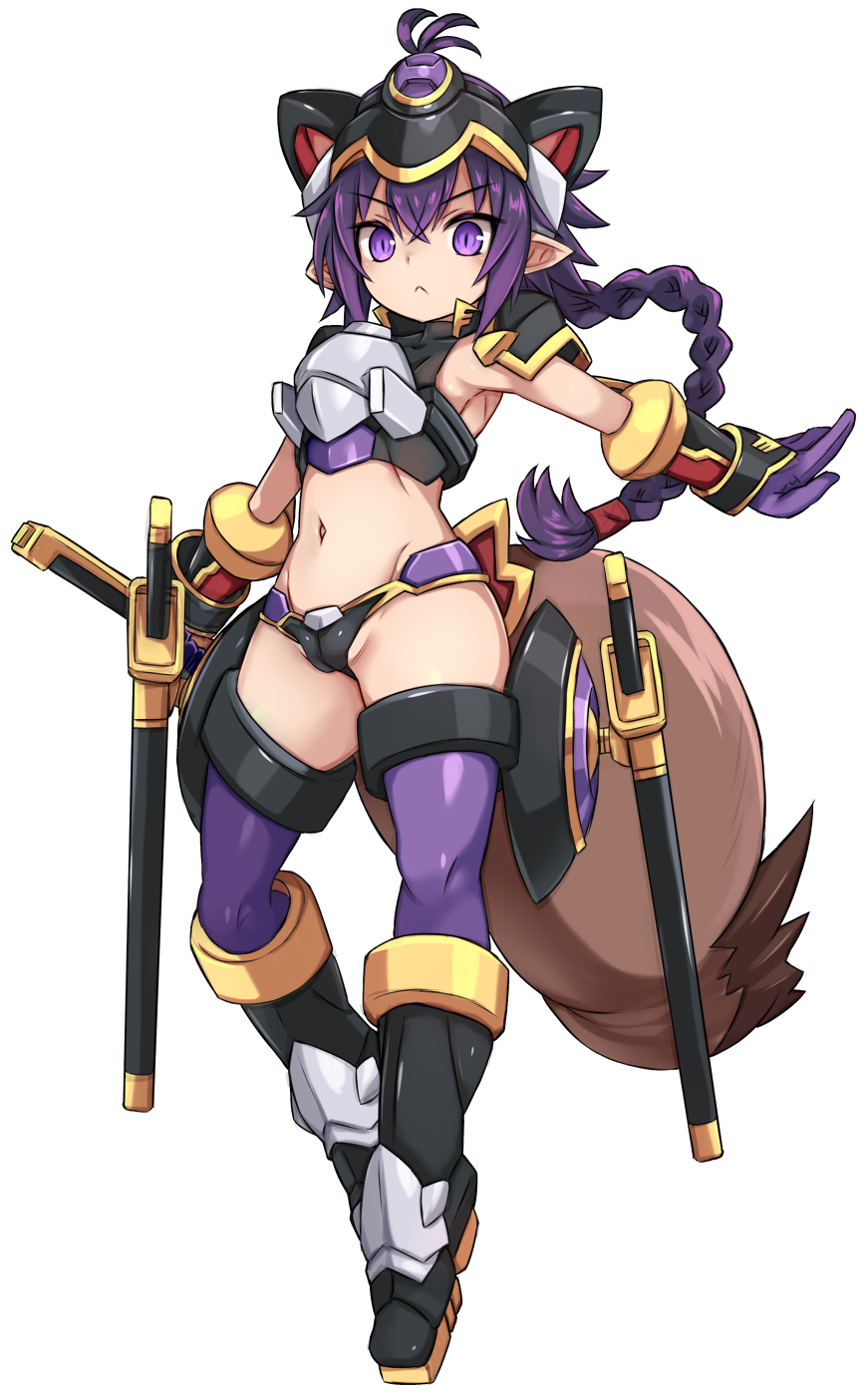 1girl animal_ears armpits bangs black_footwear boots braid closed_mouth commentary_request crop_top fake_animal_ears gloves groin hair_between_eyes highres holding holding_sword holding_weapon karukan_(monjya) katana knee_boots long_hair looking_at_viewer matsuhime_mujina navel outstretched_arm purple_gloves purple_thighhighs sheath sheathed shinrabanshou single_braid sleeveless solo sword tail thighhighs thighhighs_under_boots v-shaped_eyebrows very_long_hair weapon