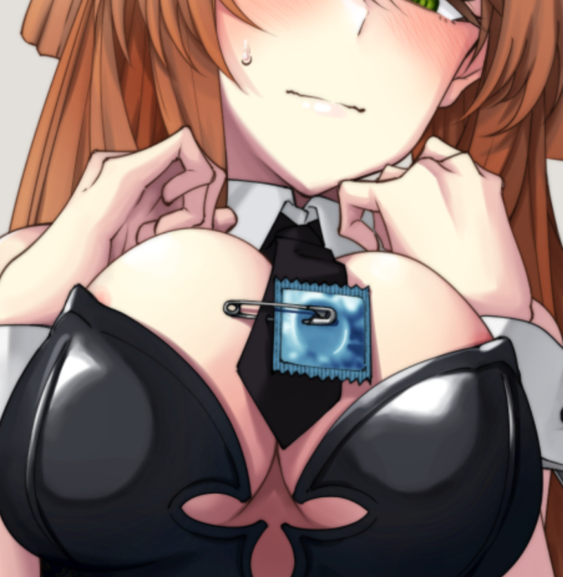 1girl black_leotard black_necktie blush breast_focus breast_suppress breasts brown_hair cleavage close-up commentary_request condom detached_collar girls'_frontline green_eyes large_breasts leotard looking_at_viewer nakiusagi necktie sabotaged_condom safety_pin solo springfield_(girls'_frontline) sweatdrop wrist_cuffs