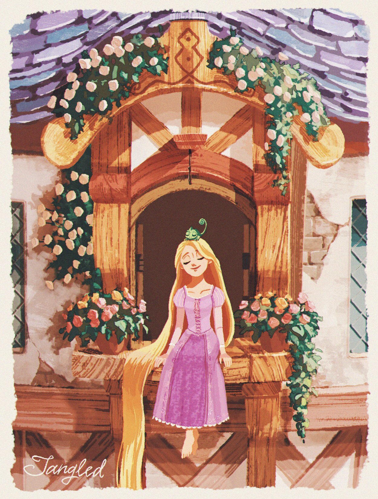 1girl animal_on_head barefoot blonde_hair border chameleon closed_eyes copyright_name dress european_architecture european_clothes flower highres kurobe_(kurobe613) long_hair on_head orange_flower pascal_(tangled) pink_flower purple_dress rapunzel_(disney) sitting smile solo_focus tangled very_long_hair white_border white_flower