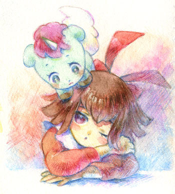 2012 accessory blue_body blue_fur blush bow_ribbon brown_hair child clothing dress duo equid equine female feral frown fur hair hair_accessory hair_bow hair_ribbon horn human katy_the_cat_(unico) low_res male mammal osamu_tezuka painting_(artwork) pink_clothing pink_dress pixiv red_bow ribbons sanrio sitting size_difference tail traditional_media_(artwork) unico unico_(series) unicorn unknown_artist watercolor_(artwork) white_apron white_tail young