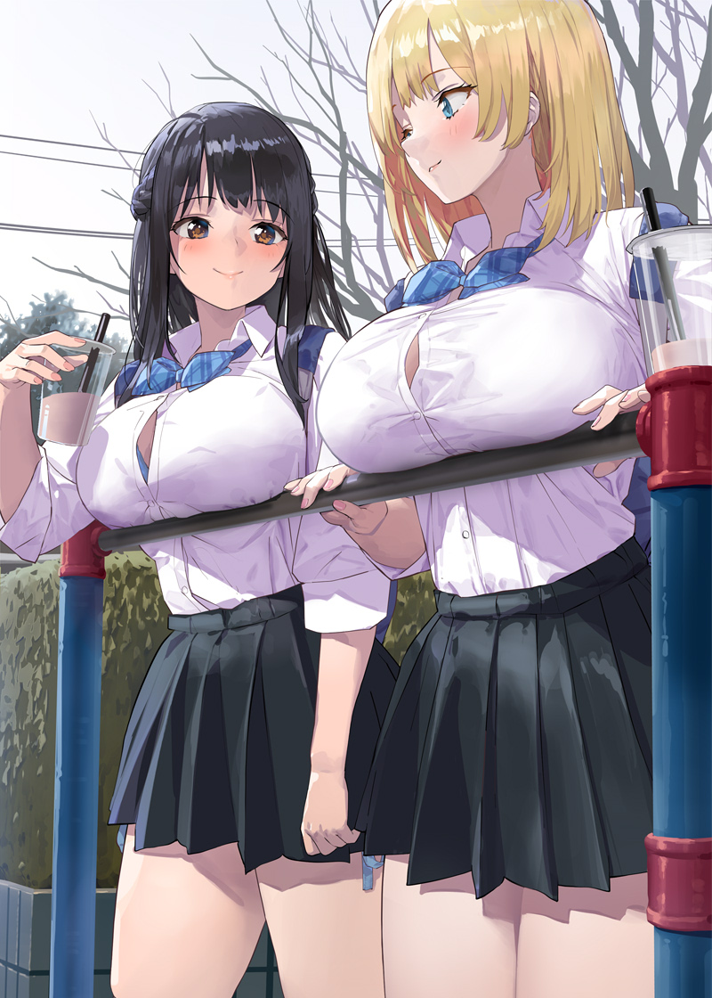 2girls bare_tree black_hair blonde_hair blue_bow blue_bowtie bow bowtie breast_rest breasts brown_hair button_gap closed_mouth cup disposable_cup drink drinking_straw green_eyes kaisen_chuui leaning_on_rail long_hair looking_at_another multiple_girls original outdoors railing school_uniform serafuku smile striped striped_bow striped_bowtie tree