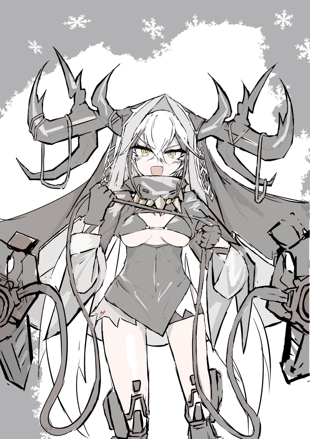 1girl :d bikini bikini_top_only black_bikini black_dress black_gloves breasts commentary_request cowboy_shot deer_antlers destroyer_(dashing_reindeer)_(girls'_frontline) destroyer_(girls'_frontline) dress fang girls'_frontline gloves hair_between_eyes highres holding holding_reins horns large_breasts looking_at_viewer mechanical_legs official_alternate_costume open_mouth reins sangvis_ferri smile solo sureido_(zhwa3228) swimsuit underboob white_hair yellow_eyes