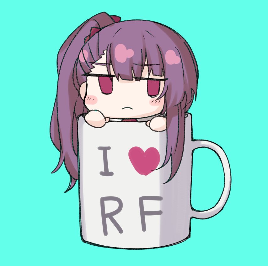 1girl aqua_background blush_stickers brown_hair chibi coffee_mug cup empty_eyes frown girls'_frontline heart i_heart... in_container in_cup jitome long_hair minigirl mug nakiusagi red_eyes side_ponytail simple_background solo wa2000_(girls'_frontline)