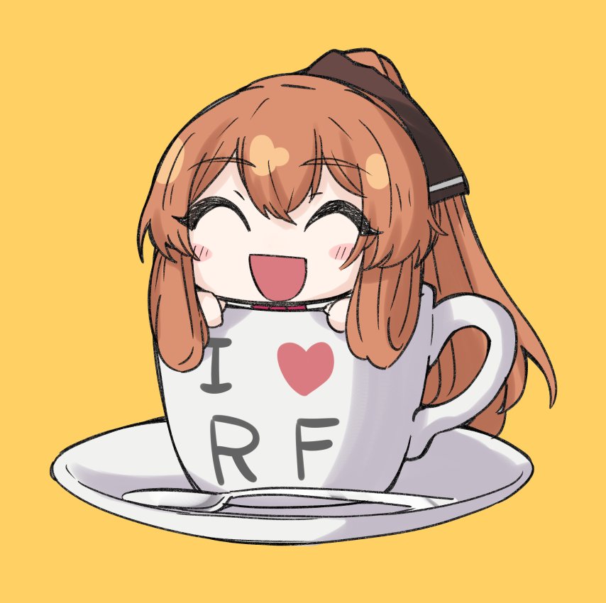 1girl :d ^_^ blush_stickers brown_hair chibi closed_eyes cup girls'_frontline hair_rings heart i_heart... in_container in_cup long_hair minigirl nakiusagi saucer simple_background smile solo spoon springfield_(girls'_frontline) teacup yellow_background
