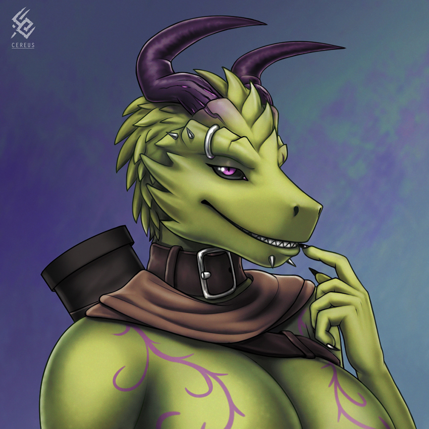 1:1 anthro artist_logo artist_name black_sclera breasts brown_collar bust_portrait cereus93 cheek_spikes chin_piercing collar eyebrow_piercing facial_piercing facial_spikes female glistening glistening_eyes green_body horn logo looking_at_viewer markings narrowed_eyes piercing portrait purple_eyes purple_horn purple_markings scalie simple_background smile solo spike_piercing spikes spikes_(anatomy) thick_collar