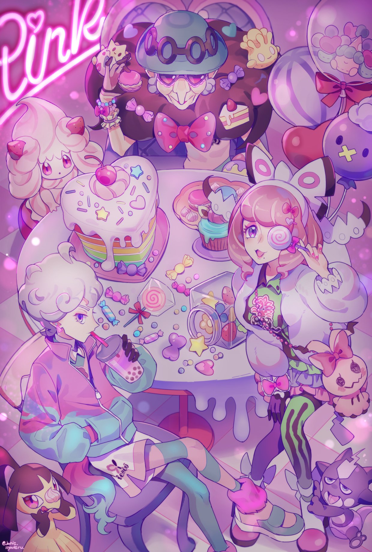 1boy 2girls ahoge alcremie alcremie_(strawberry_sweet) balloon bangs bede_(pokemon) bubble_tea cake candy_wrapper chair collared_shirt commentary_request cup cupcake curly_hair drifloon drinking drinking_straw food fur_jacket fur_scarf gloves green_headwear green_shirt hat hatenna highres holding holding_cup jacket janis_(hainegom) klara_(pokemon) mawile milcery mimikyu multiple_girls opal_(pokemon) plate pokemon pokemon_(creature) pokemon_(game) pokemon_swsh purple_eyes shirt short_hair sitting table thighhighs togepi toxel zipper_pull_tab