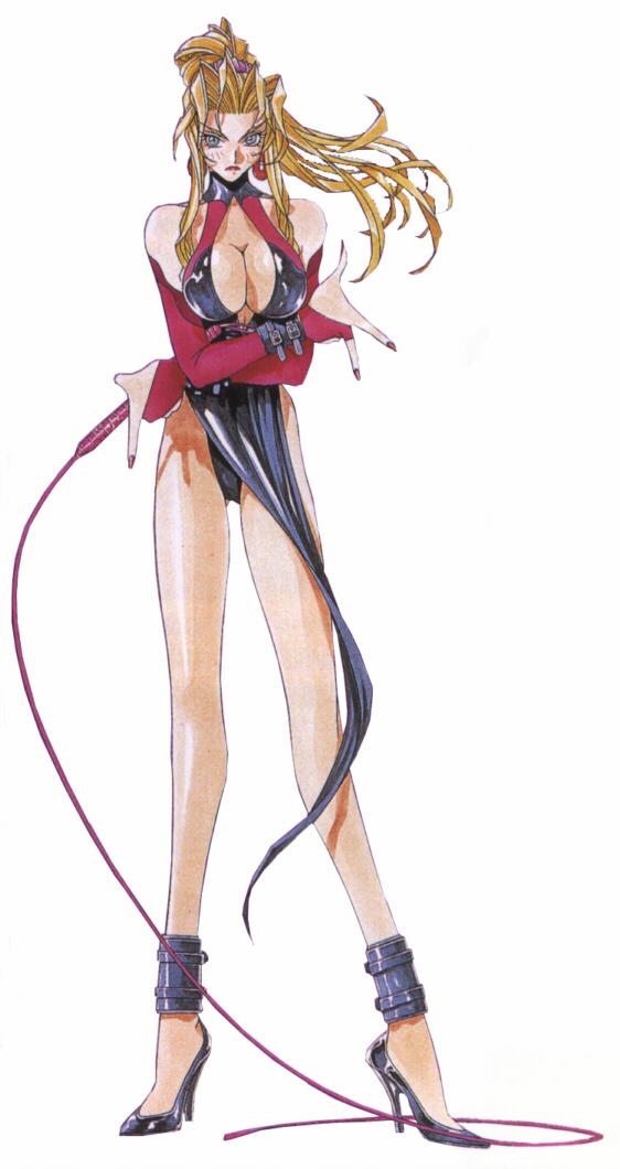 1girl 90s bad_anatomy battle_arena_toshinden blonde_hair breast_hold breasts cleavage crossed_arms dominatrix elbow_gloves female full_body gloves halter_top high_heeled_shoes high_heels kotobuki_tsukasa large_breasts latex leather legs long_legs simple_background sofia sofia_(toshinden) solo tamsoft toushinden whip white_background