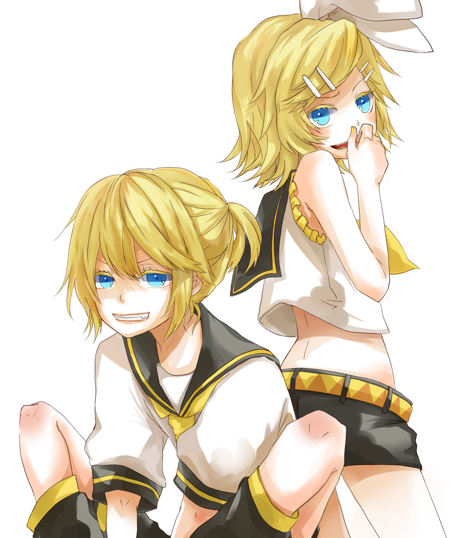 1girl blonde_hair blue_eyes brother_and_sister kagamine_len kagamine_rin non-web_source short_hair siblings twins vocaloid