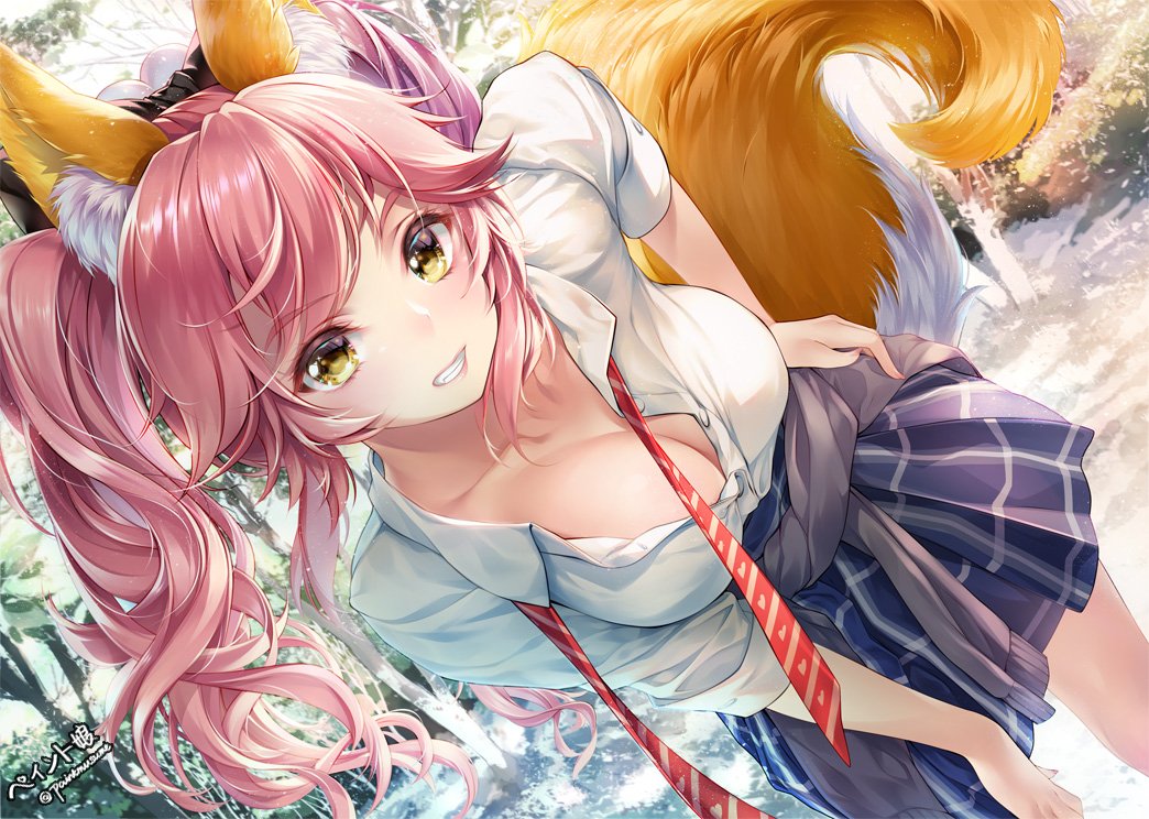 1girl animal_ear_fluff animal_ears bangs blue_skirt blue_sweater blush bow breasts cleavage clothes_around_waist day dutch_angle eyebrows_visible_through_hair fate/extra fate_(series) fox_ears fox_tail grin hair_bow hand_on_hip hand_on_own_thigh large_breasts leaning_forward light_particles long_hair looking_at_viewer loose_necktie necktie outdoors partially_unbuttoned pink_hair red_neckwear school_uniform shirt sidelocks signature skirt smile solo sweater sweater_around_waist tail tamamo_(fate)_(all) tamamo_no_mae_(fate) twintails twitter_username white_shirt yellow_eyes youqiniang