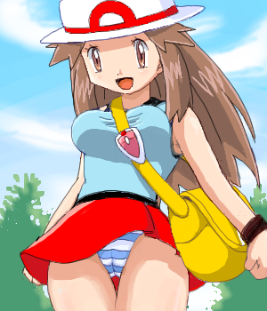 blue_(pokemon) hat leaf_(pokemon) lowres miniskirt panties pokemoa pokemon skirt soara underwear