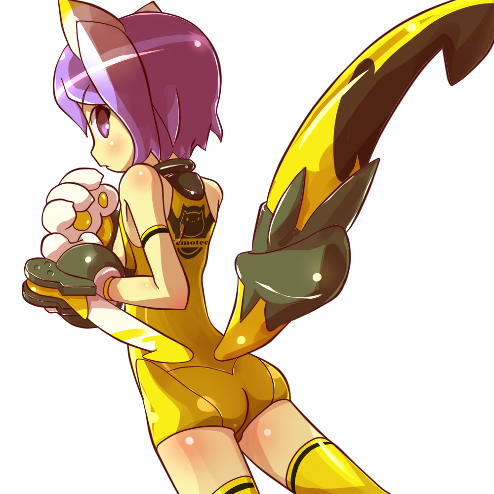 animal_ears animal_print arm_blade ass bangs bare_shoulders blade blush bracer breasts busou_shinki cat_print claws clothes_writing dutch_angle from_side kakikukeko leotard looking_at_viewer looking_back partio paws profile purple_eyes purple_hair short_hair sideboob simple_background small_breasts solo tail thighhighs weapon white_background yellow_legwear yellow_leotard