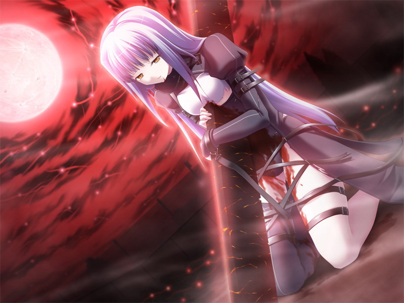 1girl blood blue_hair game_cg impaled kneeling long_hair red_sky silver_hair sky solo thigh_strap yellow_eyes