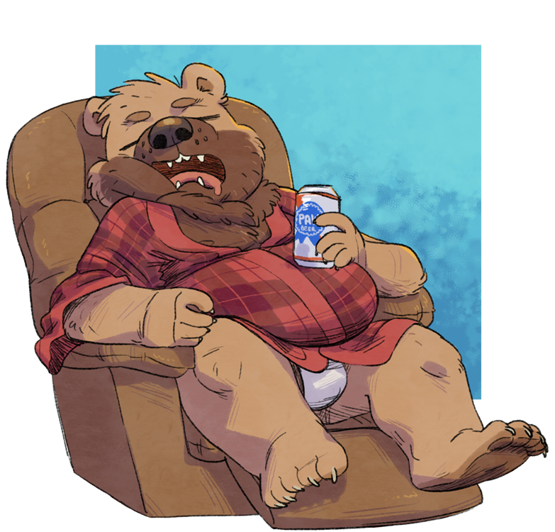 2023 anthro bear belly big_belly brown_body brown_fur bulge can clothing container eyes_closed fur furniture guaxraccoon male mammal overweight overweight_male robe sitting sofa solo underwear