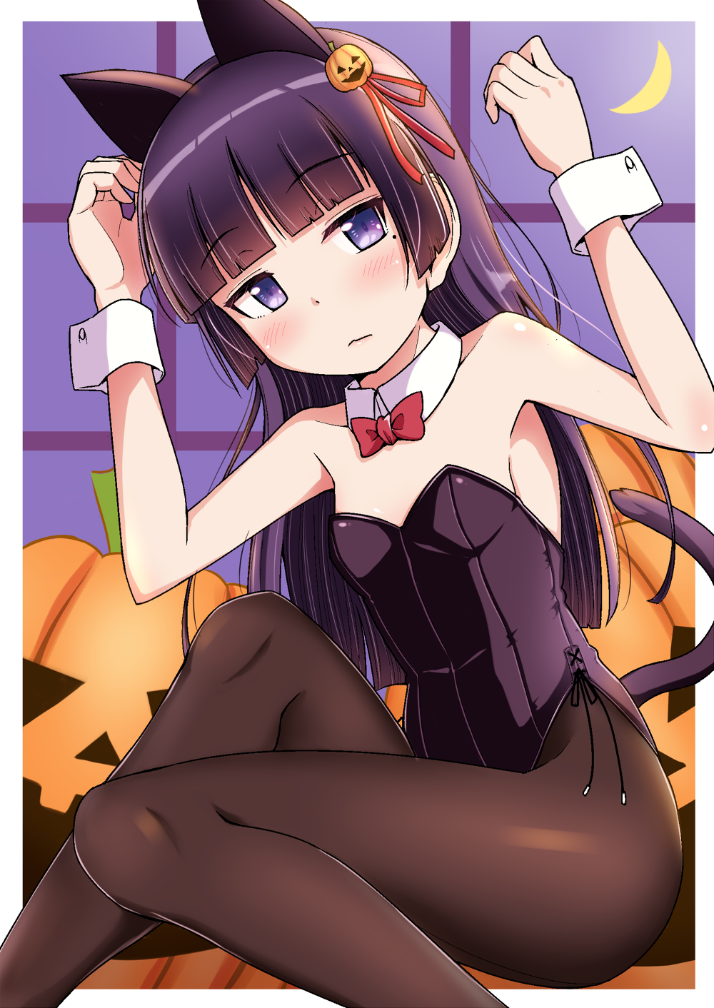1girl animal_ears black_hair black_leotard black_pantyhose bow bowtie breasts cat_ears cat_tail commentary_request crescent_moon feet_out_of_frame gokou_ruri halloween highres jack-o'-lantern kittysuit leotard long_hair looking_at_viewer mole mole_under_eye moon nontraditional_playboy_bunny ore_no_imouto_ga_konna_ni_kawaii_wake_ga_nai pantyhose purple_eyes red_bow red_bowtie sitting small_breasts solo strapless strapless_leotard tail takatsuki_akira window