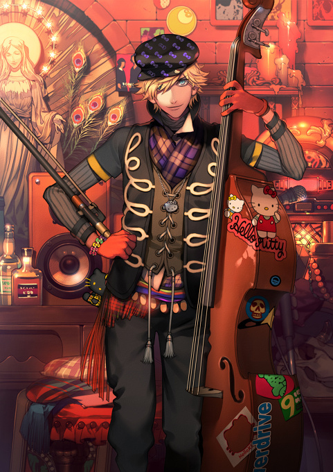 1boy beads black_pants blonde_hair blue_eyes bottle bracelet brick_wall candle cello character_sticker christopher_w_heartland gloves hair_over_one_eye hat hello_kitty hello_kitty_to_issho! instrument jewelry jukebox kurahana_chinatsu layered_sleeves leaking long_sleeves melting microphone mimmy_(hello_kitty) necklace pants peacock_feathers plaid plaid_scarf red_gloves scarf seat short_hair short_over_long_sleeves short_sleeves smile speaker sticker vest