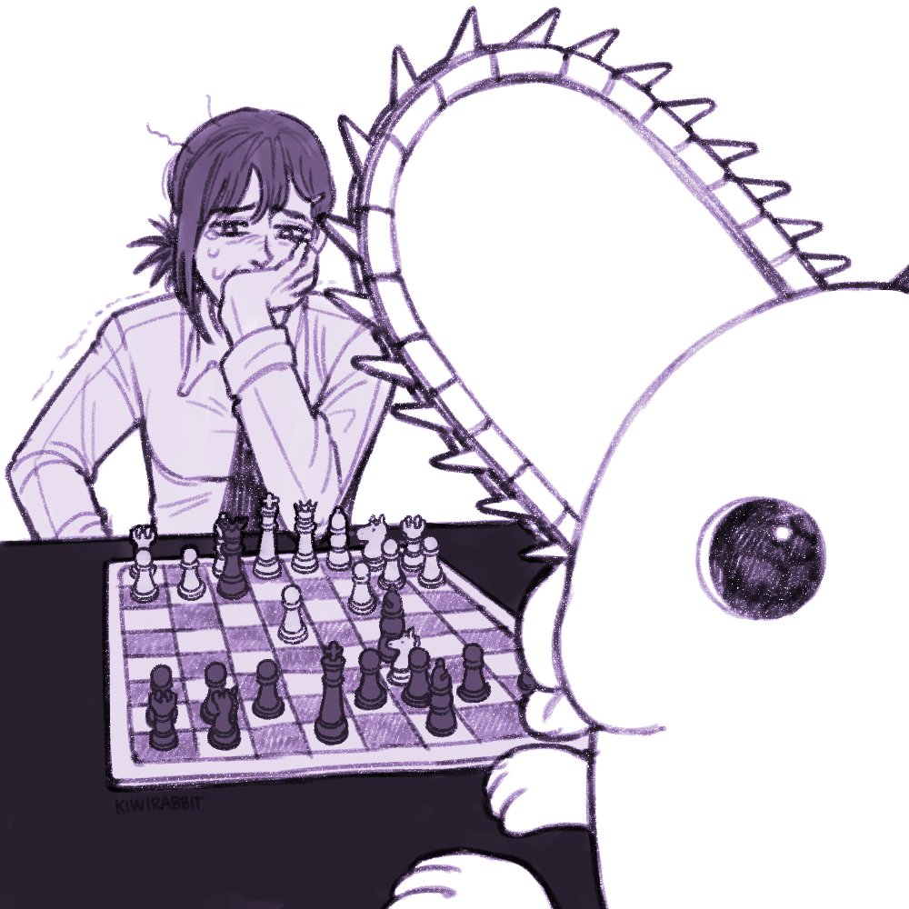 1girl board_game breasts chainsaw chainsaw_man chess chess_piece chessboard collared_shirt commentary covering_mouth crying eating_the_chess_pieces_(meme) english_commentary greyscale hair_ornament hairclip head_rest higashiyama_kobeni kiwirabbit low_ponytail medium_breasts meme messy_hair monochrome necktie photo-referenced pochita_(chainsaw_man) shirt short_ponytail tears trembling