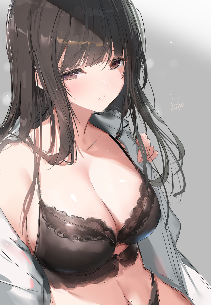 1girl arm_at_side artist_name bangs black_bra black_hair black_panties blunt_bangs bra breasts brown_eyes cleavage collarbone collared_shirt commentary_request gradient_background grey_background hand_up highres lace-trimmed_bra lace_trim large_breasts light_particles light_smile long_hair looking_at_viewer navel no_pants off_shoulder open_clothes open_shirt original panties parted_lips shade shirt sidelocks signature single_bare_shoulder sketch solo stomach underwear upper_body white_background white_shirt yaegashi_nan