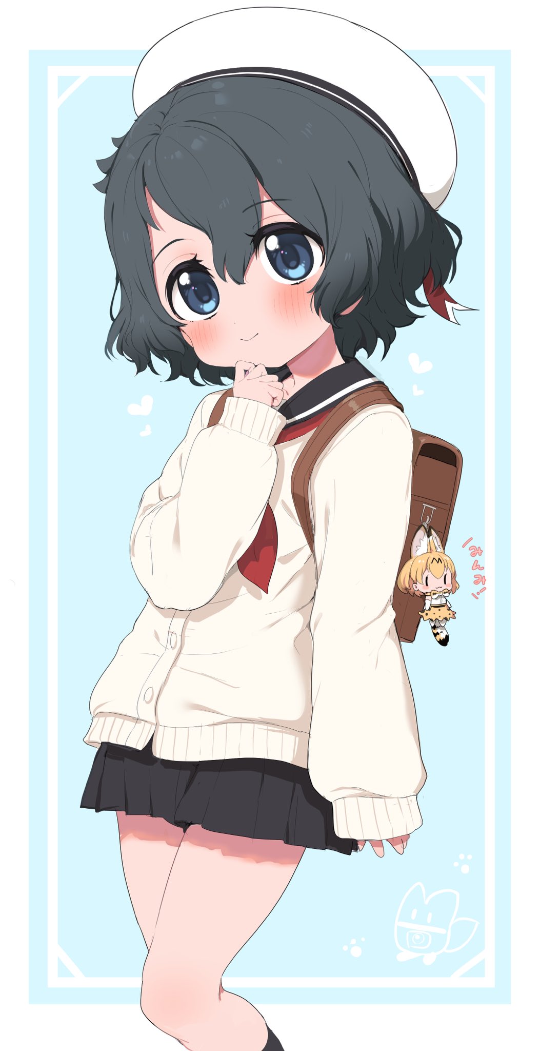 1girl alternate_costume bag_charm black_hair blue_eyes blue_skirt blue_socks blush brown_bag character_doll charm_(object) commentary_request cowboy_shot highres kaban_(kemono_friends) kemono_friends long_sleeves looking_at_viewer neckerchief pleated_skirt ransusan red_neckerchief sailor_collar school_uniform serval_(kemono_friends) serval_print short_hair skirt sleeves_past_wrists socks solo sweater translation_request white_sweater